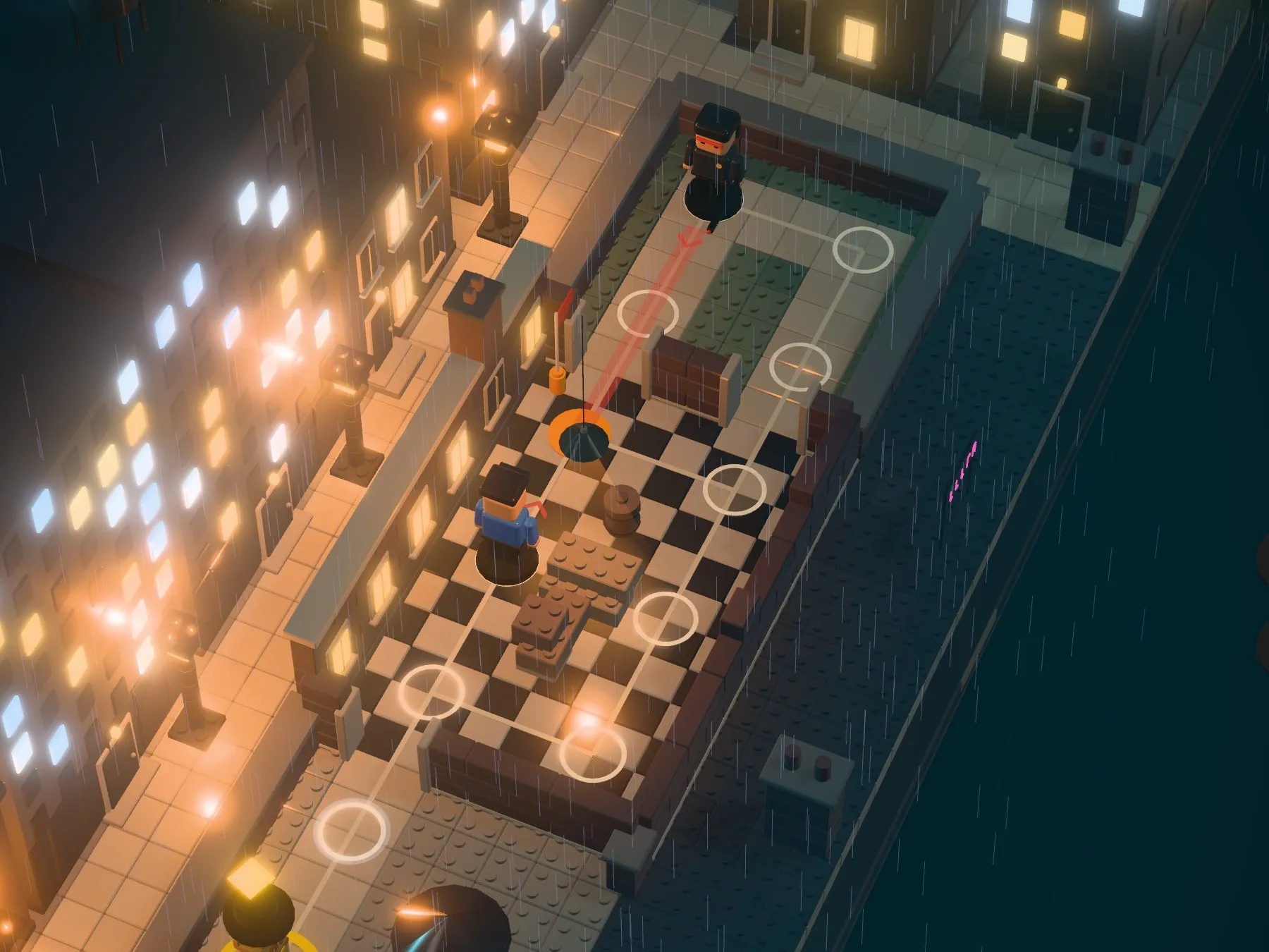 A rooftop level seen from above, the path ringed in light