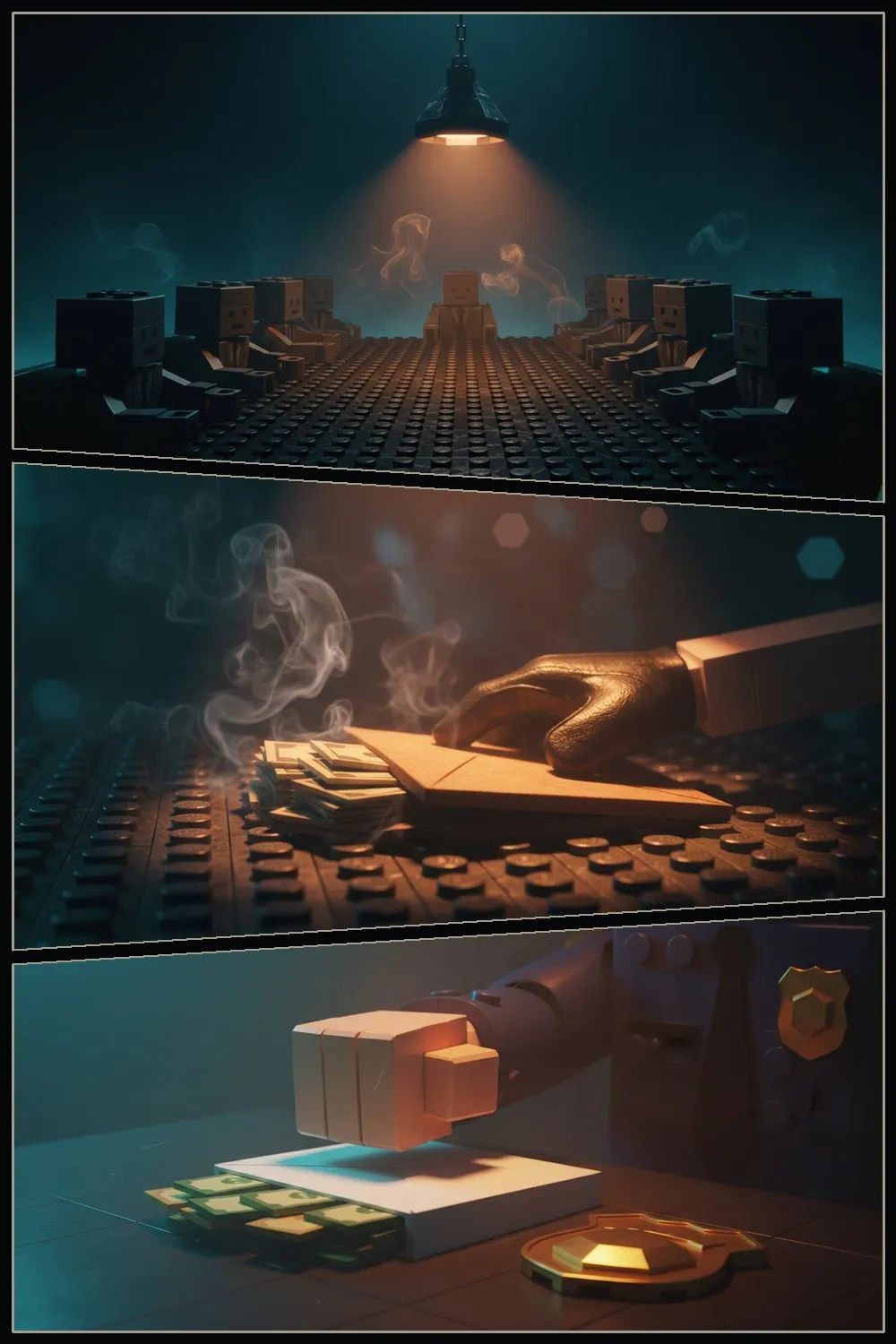 A cutscene page: nine faceless suits around a boardroom table, an envelope of cash slid to a cop