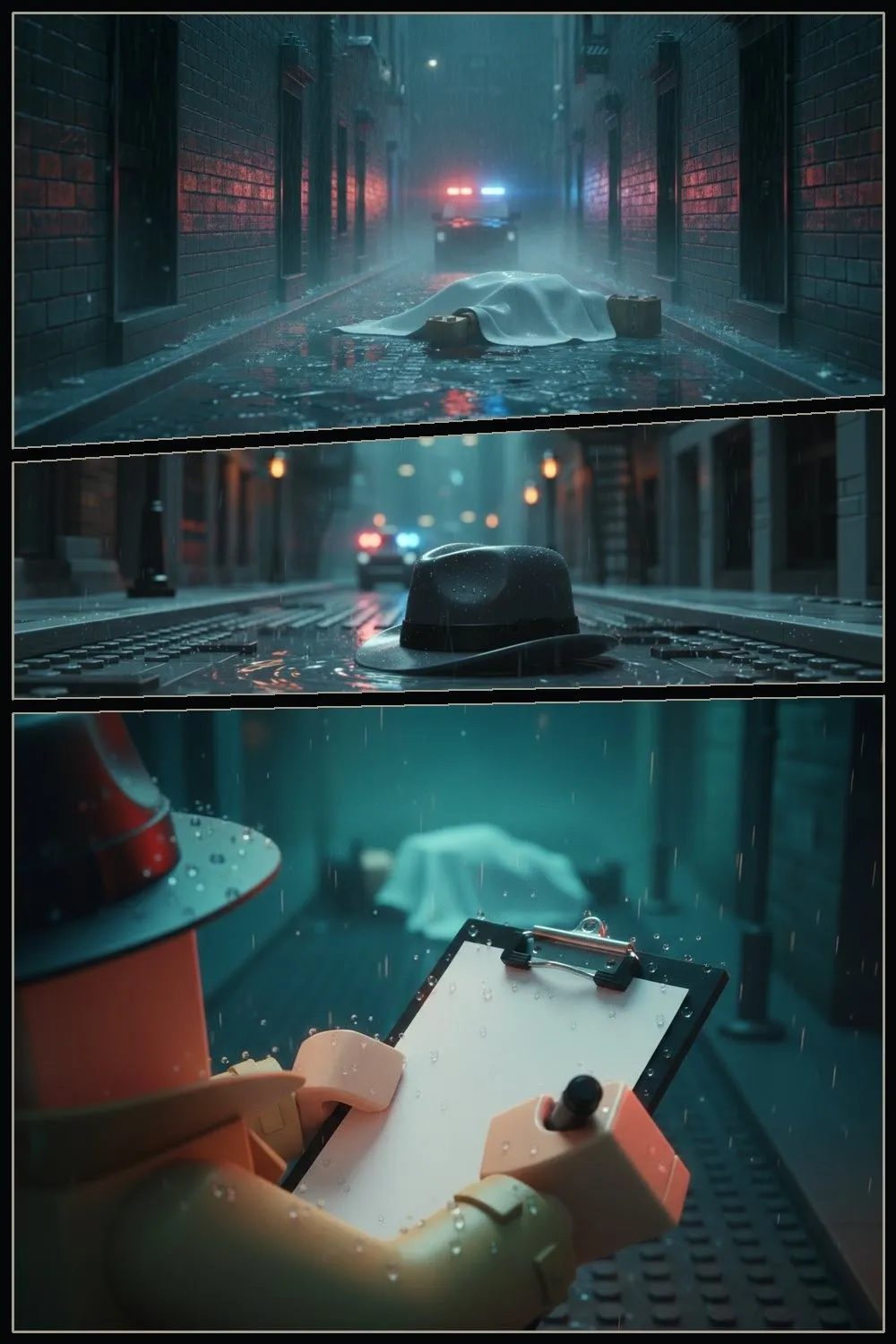 A cutscene page: an alley in siren light, a hat in a puddle