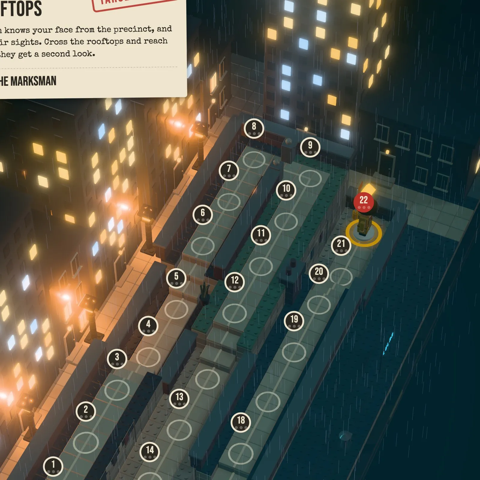 The Rooftops mission map with its numbered stops